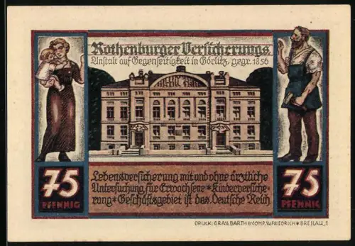 Notgeld Rothenburg O.L. 1922, 75 Pfennig, Rothenburger Versicherungsanstalt Görlitz, Gebäude und Fussballspielende Jungen