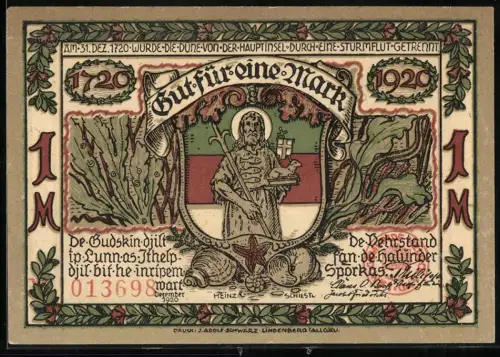Notgeld Helgoland 1920, 1 Mark, Inselmotiv mit Heiligenfigur und Möwen über Küstenlandschaft
