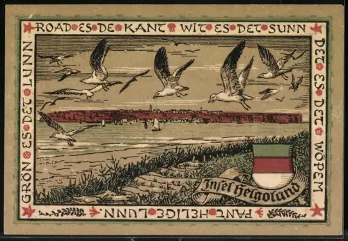 Notgeld Helgoland 1920, 1 Mark, Inselmotiv mit Heiligenfigur und Möwen über Küstenlandschaft