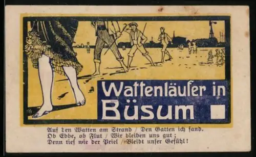 Notgeld Büsum 1921, 25 Pfennig, Wattenläufer am Strand mit Spaziergängern und Leuchtturm im Hintergrund