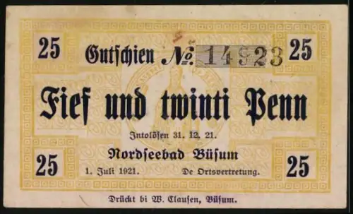 Notgeld Büsum 1921, 25 Pfennig, Wattenläufer am Strand mit Spaziergängern und Leuchtturm im Hintergrund