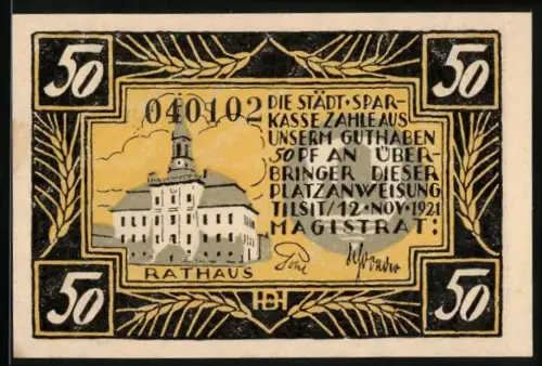 Notgeld Tilsit 1921, 50 Pfennig, Rathaus und Käse mit Bienen-Motiv