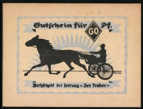 Notgeld Hamburg 1921, 60 Pfennig, Wechselgeld der Zeitung Der Traber, Rennpferd mit Sulky