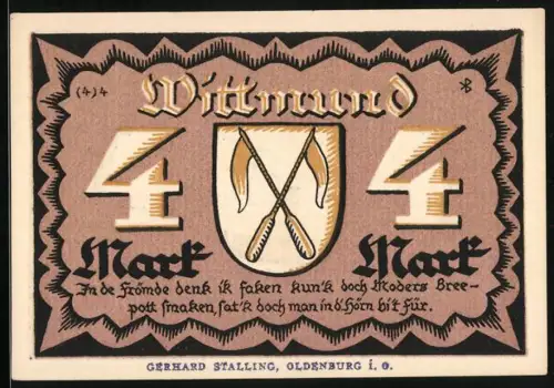 Notgeld Wittmund 1922, 4 Mark, Schaufelraddampfer und Stadtansicht, Wappen, Entwurf: Karl Bösch