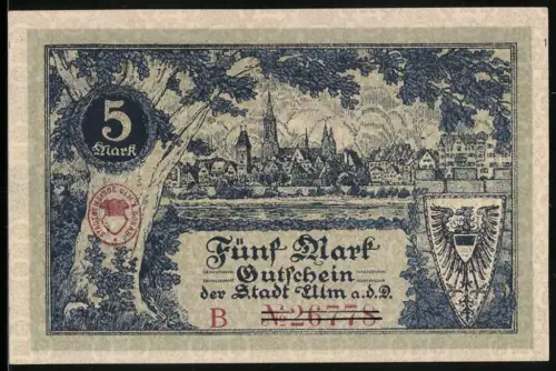 Notgeld Ulm 1918, 5 Mark, Stadtansicht und Wappen mit Eichenbaum und Draperie, Rückseitig Stempel: Ungültig