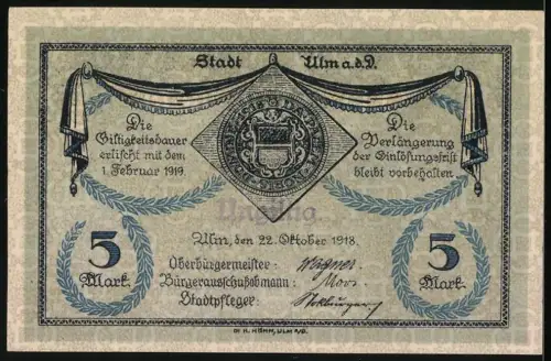Notgeld Ulm 1918, 5 Mark, Stadtansicht und Wappen mit Eichenbaum und Draperie, Rückseitig Stempel: Ungültig