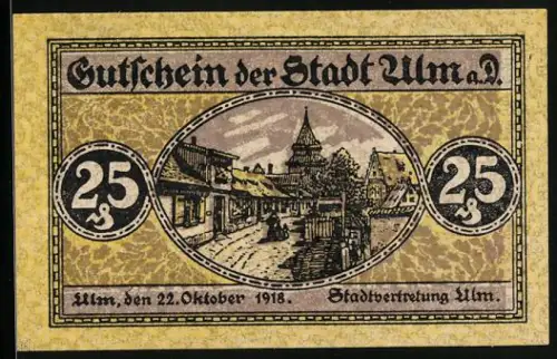 Notgeld Ulm 1918, 25 Pfennig, Stadtansicht mit Turm, Wappen auf Rückseite