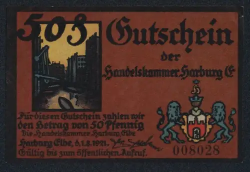 Notgeld Harburg / Elbe 1921, 50 Pfennig, Stadtansicht und Industrie-Silhouette, Wappen mit Löwen