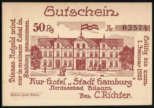 Notgeld Büsum 1922, 50 Pf, Kur-Hotel Stadt Hamburg und Küstenszene mit Gedicht von Klaus Groth