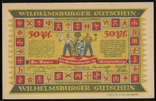 Notgeld Wilhelmsburg 1921, 50 Pfennig, Wappen mit Arbeitern und Landschaft mit Industrieanlagen