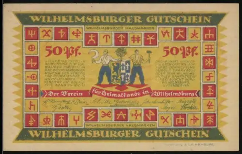 Notgeld Wilhelmsburg, 50 Pfennig, Wappen mit Arbeitern und Versammlungsszene