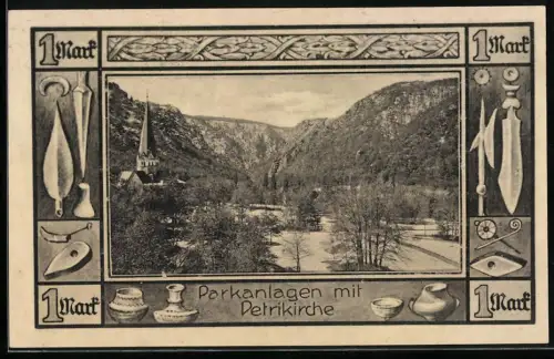 Notgeld Thale 1921, 1 Mark, Parkanlagen mit Petrikirche und Stadtwappen