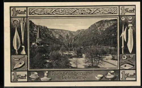 Notgeld Thale 1921, 1 Mark, Parkanlagen mit Petrikirche und Wappen der Stadt Thale