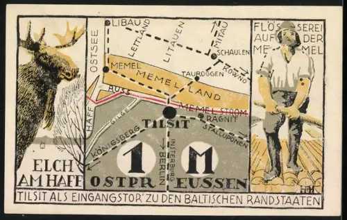 Notgeld Tilsit 1921, 1 Mark, Stadtansicht und Elch am Haff mit Landkarte
