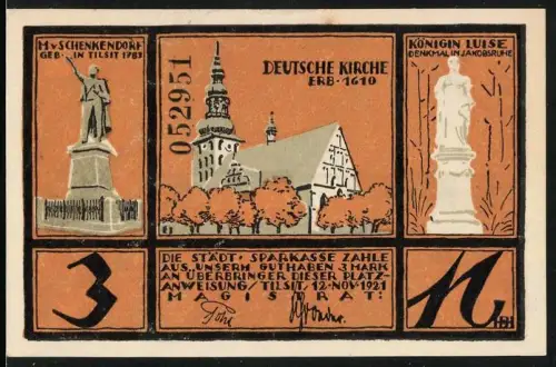 Notgeld Tilsit 1921, 3 Mark, Deutsche Kirche und Denkmäler, Frieden zu Tilsit Anno 1807