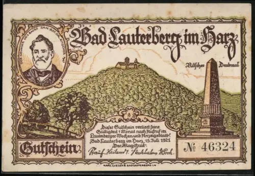 Notgeld Bad Lauterberg 1921, 300 Pfennig, Berg mit Obelisk und Wissmann-Denkmal im Wald