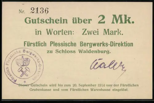 Notgeld Waldenburg 1914, 2 Mark, Fürstlich Plessische Bergwerks-Direktion zu Schloss Waldenburg, Stempel mit Siegel