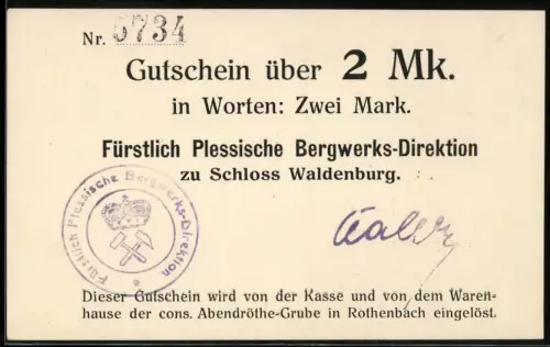 Notgeld Waldenburg, 2 Mark, Fürstlich Plessische Bergwerks-Direktion zu Schloss Waldenburg, Stempel und Unterschrift