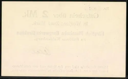 Notgeld Waldenburg, 2 Mark, Fürstlich Plessische Bergwerks-Direktion zu Schloss Waldenburg, Stempel und Unterschrift