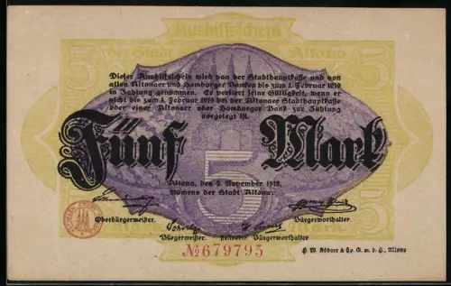 Notgeld Altona 1918, 5 Mark, gotisches Schriftbild mit Wappen und dekorativer Umrahmung