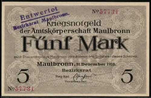 Notgeld Maulbronn 1918, 5 Mark, Ortsansicht mit Landschaftshintergrund, Stempel: Entwertet Bezirksrat Maulbronn