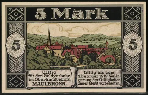 Notgeld Maulbronn 1918, 5 Mark, Ortsansicht mit Landschaftshintergrund, Stempel: Entwertet Bezirksrat Maulbronn