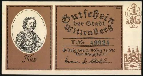 Notgeld Wittenberg 1922, 1 Mark, Besuch Peters des Grossen in Luthers Wohnstube 1712