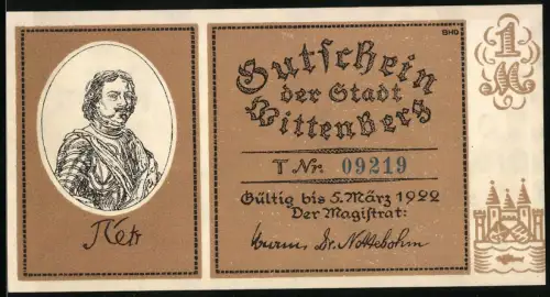 Notgeld Wittenberg 1922, 1 Mark, Porträt von Peter dem Grossen und Besuch in Luthers Wohnstube