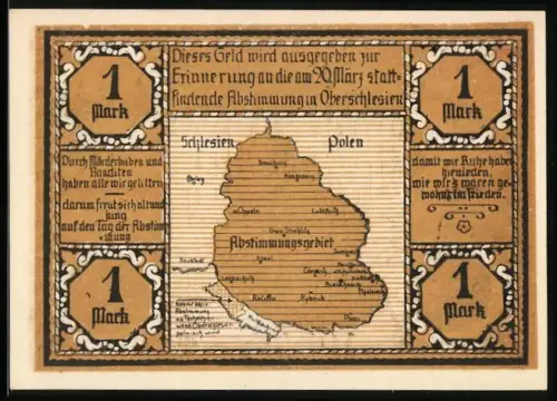 Notgeld Bielschowitz 1921, 1 Mark, Karte des Abstimmungsgebiets Oberschlesien und Gebäudeansichten