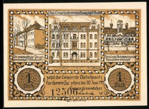 Notgeld Bielschowitz 1921, 1 Mark, Gemeindegebäude und Abstimmungsgebietskarte Oberschlesien