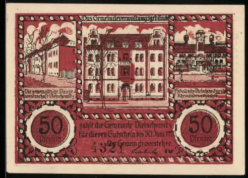 Notgeld Bielschowitz 1921, 50 Pfennig, Gebäude und Karte von Oberschlesien