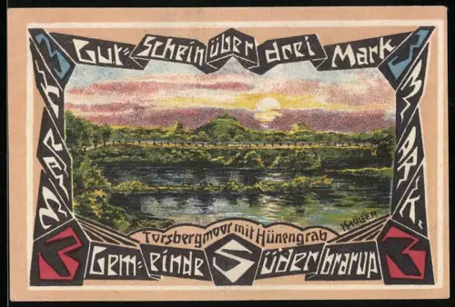 Notgeld Süderbrarup 1920, 3 Mark, Torsbergmoor mit Hünengrab, Angler Rind mit Wappen