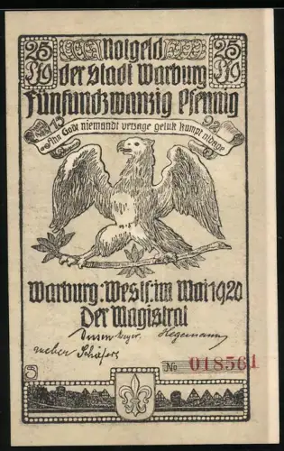 Notgeld Warburg / Westfalen 1920, 25 Pfennig, Adler und mittelalterlicher Turm mit Stadtansicht