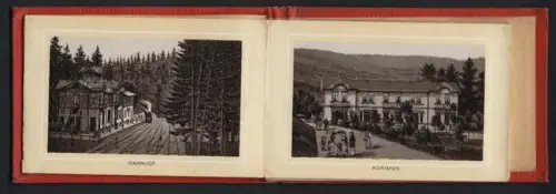 Leporello-Album 18 Lithographie-Ansichten Friedrichroda, Bahnhof, Hotel Reinhardsbrunn, Heuberghaus, Preusischer Gasthof