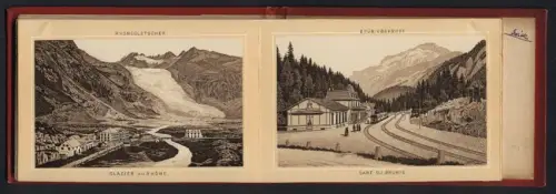 Leporello-Album 34 Lithographie-Ansichten Berner Oberland, Hospenthal, Furka, Brünigbahnhof, Grindelwaldgletscher Wengen