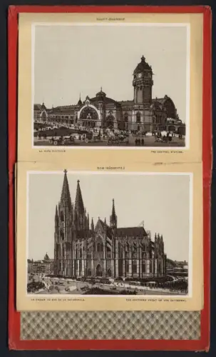 Leporello-Album 24 Lithographie-Ansichten Köln / Rhein, Hauptbahnhof, Dom, Wallraf Museum, Gürzenich, Theater, Panorama