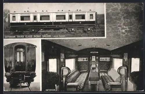 Foto-AK Exterior Third Class Picnic Saloon L & N. W. Railway, Interior, englische Eisenbahn