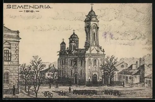 Künstler-AK Semendria, Strassenpartie mit Kirche