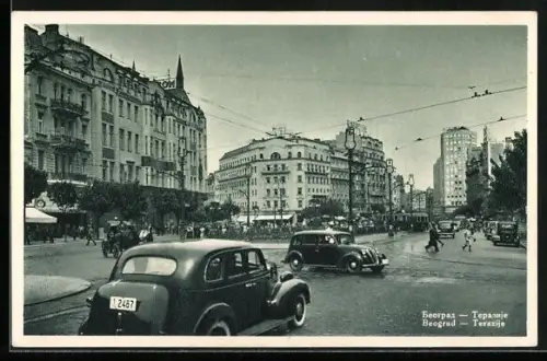 AK Beograd, Terazije, Strassenansicht mit Strassenbahn