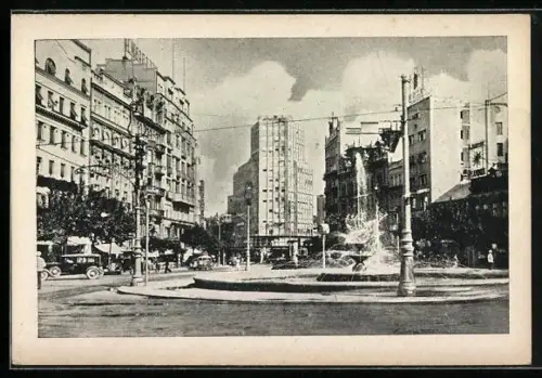 AK Beograd, Terazije, Springbrunnen mit Autos und Hochhäusern