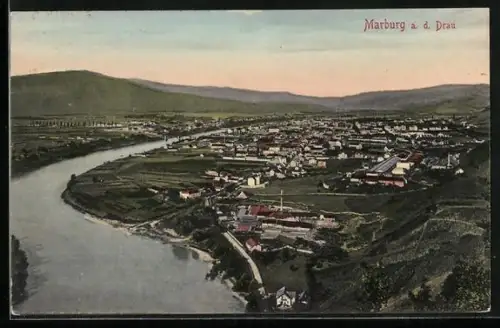 AK Marburg a. d. Drau, Ortsansicht aus der Vogelschau