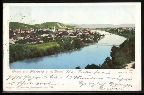 AK Marburg a. d. Drau, Ortsansicht aus der Vogelschau