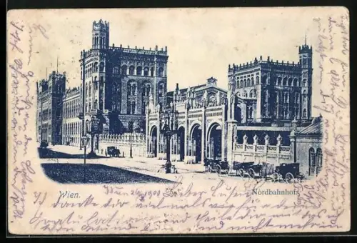 AK Wien, Nordbahnhof mit Kutschen