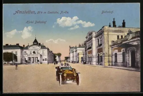 AK Amstetten, Strassenpartie am Bahnhof mit Hotel