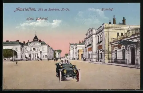 AK Amstetten, Bahnhof mit Hotel Bahnhof, Auto