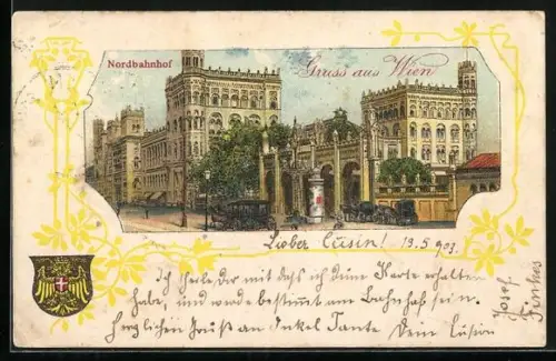 Lithographie Wien, Nordbahnhof mit geprägtem Wappen