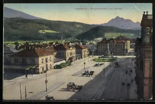 AK Innsbruck, Hauptbahnhof mit Serles und Strassenbahn