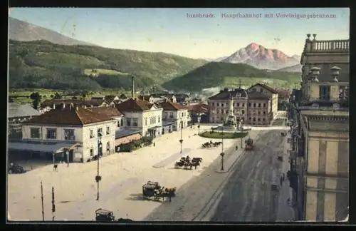 AK Innsbruck, Hauptbahnhof mit Vereinigungsbrunnen