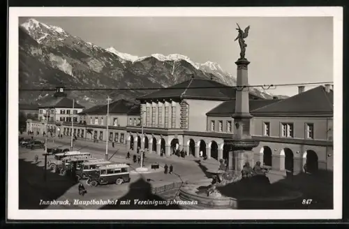 AK Innsbruck, Hauptbahnhof mit Vereinigungsbrunnen