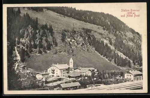 AK Brenner, Station Brenner und Hotel Post aus der Vogelschau